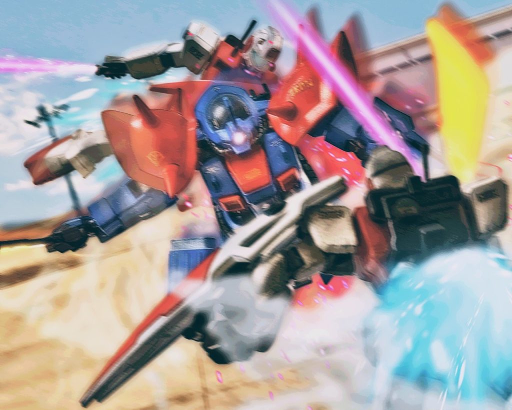 「遊びは終わりだ…、EXAMを前にあと何分…、いや何秒もたせられるかっ…!?」イフリート改は赤い残像と粒子を撒きながら、更にトップスピードを上げる。「…まだギアが上がるのかよっ!?」フォルドは回り込み、攻撃の隙を探るがまるで見当たらかった。不用意に仕掛ければこちらがやられる。最早2人はイフリート改の斬撃を避けるのに手一杯であり、攻勢にでる余裕はなかった。回避に追われているとシャトル発射場から大量の煙があがり轟音が地面を揺らす。「…シャトルが出るのか!?」ルースはそれに気づきつつ必死にジムを動かしていると、フォルドのジムがとうとう限界に達する。ブースト加速から着地した際に、脚部に負担が掛かると足首を捻挫する様にジムはバランスを崩した。「くそっ、足回りがイカれたっ!?」ブーストによる急激な制動をかけたばかりに、機体関節への負荷は相当なものであった。フォルドのジムは自動姿勢制御が働き、倒れる寸前で姿勢を保つが、そこをニムバスは見逃さない。「先ずは貴様だっ!!」イフリート改の一撃がフォルドのジムコマンドの左脚部を捉え、膝下が寸断される。すると片脚を失ったジムは横倒しになり、地面に叩きつけられた。「フォルドっっ!!」それを見たルースは直ぐ様リカバリーに入るが、イフリート改の猛攻は止まらない。勢いよく踏み込んできたルースのジムを一太刀で首を刎ねると更にもう一撃でビームサーベルを持っていた腕を切り落とす。「所詮、EXAMの前ではただの虫螻同然だ!!」ニムバスは動きを止めた2機にとどめを刺そうとすると、マスドライバーの上を加速し進むシャトルが視界に入った。「…逃さんぞ、クルストっ…!」