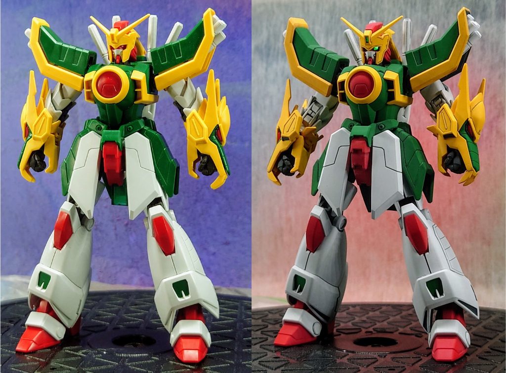 仮組(左)塗装後(右)何だか塗装ブースで撮る方が撮影ブースで撮るより素立ちが決まる気が。この時は気付かなかったのですが赤パーツへのスミ入れの色はもっと濃くした方が良かったと感じています。撮影時ライトで照らすとスミ入れ部がほとんど見えなくなっちゃってますね。