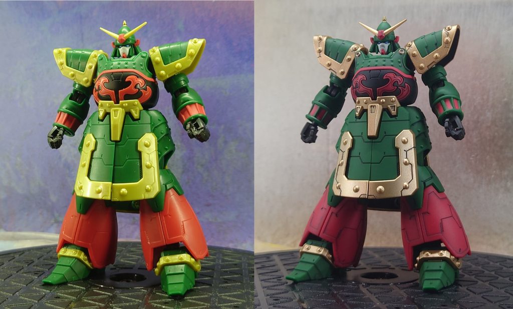 素組(左)と塗装後(右)です。元々出来の良いGフレかつプレバンなだけあって素組も結構色分けもちゃんとされてます。ただ最初少しあれ？と思ったのがプレバンサイトでの金部分の色ってもっとちゃんとしてたと思うんですが、あれも塗装済みなんでしょうか。