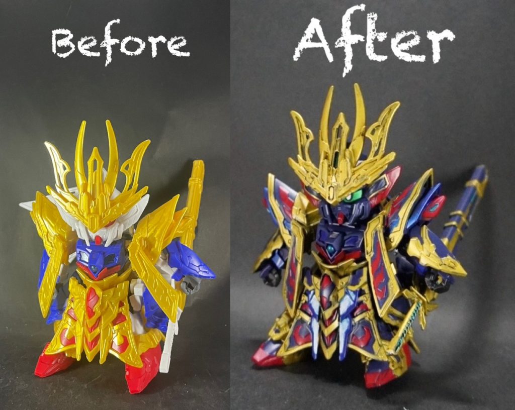 素組みとのビフォーアフター！以前に、ノーマルの曹操ウイングガンダムを作りましたが、それより塗り分けはかなり難しかったです…😰