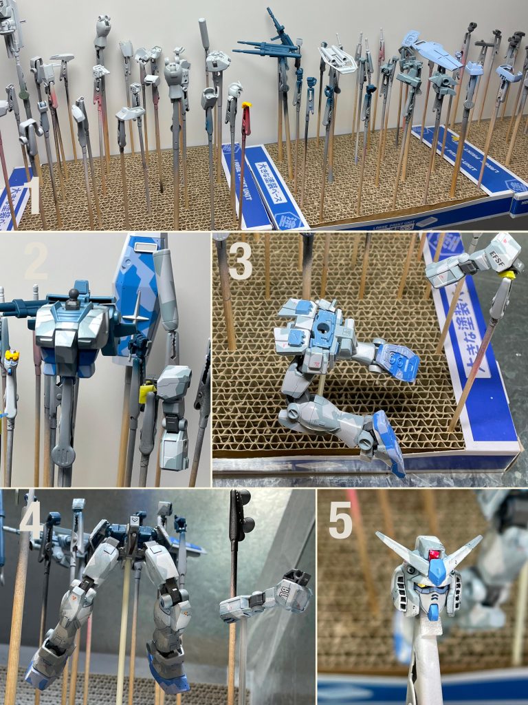 塗装工程1)ベースカラー塗装後2)スプリッター迷彩の2色目の塗装後3)各所にデカールを貼る4)ウェザリング1段階目5)キットにホイルシールなど付属してないので、ツインアイとメインカメラに他所から持ってきたものを切り出して貼る 表面処理をきちんとしてなかったせいで、細かい整形不良な箇所がそこそこあった、そのためウェザリングはハードに入れることになった。実験機なのでキレイ目に作る予定だったが、ハードにウェザリングされて実戦投入機になってしまった(笑)