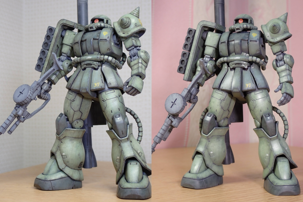 制作過程②　右：２色目塗った後、左：チッピング＆ウォッシングの後　うーん、塗りつぶし過ぎたのと、汚しにメリハリが無いのがちょっと残念　ただ今回エナメル割れは左人差し指の１箇所だけで済みました