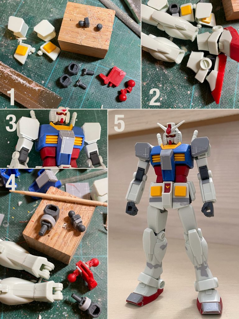 制作開始24時間の様子1)初手で切り刻んでます。首関節パーツ延長のため、股間軸幅増しのため、太もも軸で縦延長のため、腰部フロントアーマー別稼働工作のため、肩アーマー形状変更のため2)脛部分長さ短縮のため画像の位置で切り離しています3)胴体センターブロック部分ボリュームアップ&形状変更(νガンダム風)4)1)2)の工作の結果5)1日目の進捗具合です、肘に隙間を埋めるスペーサー入れたりつま先の形状変更、フロントスカートの延長、肩アーマーのボリュームアップ(後日やり直す)などしています