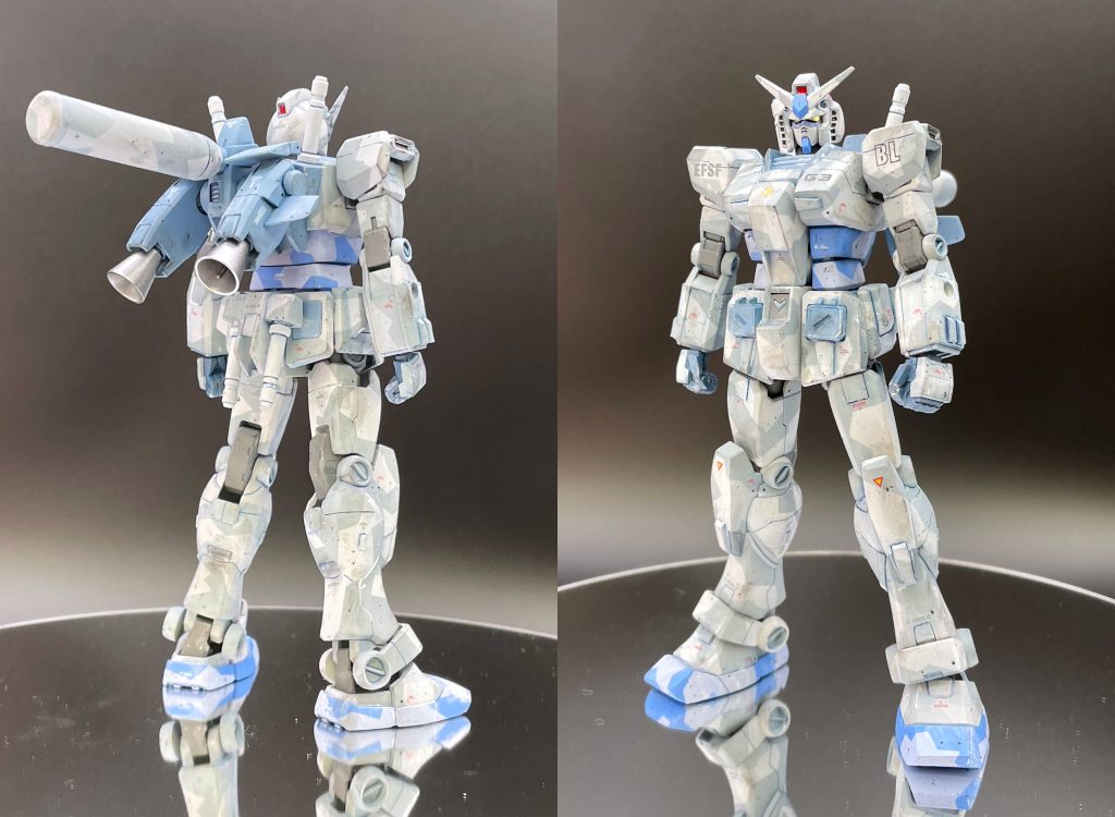 G3にしたのはグレーサフの状態で『G3』と言い張れるからなんですが、『G3』といえば「ガンダムザライド」に登場する“駐機中にベアード少尉に追突されてブランリヴァルから出撃できなくなったG3”だよなってことで、トホホなブランリヴァル隊の『G3』に活躍の場を与えようとその後の設定を考えました。 この機体は「戦後ジオン残党狩りをするブランリヴァル隊でその所属機として活躍した。RXシリーズということで試験機としても運用されたため高機動バックパックを施され、試験用ビームキャノンを装備して実戦投入された」という設定です。