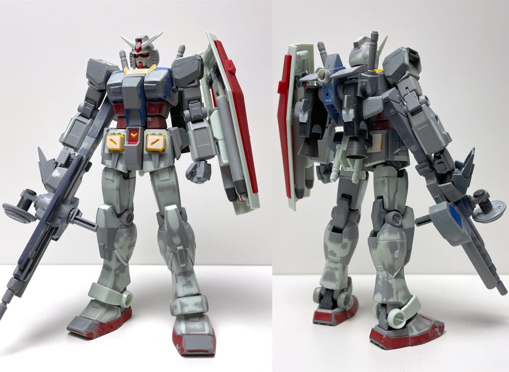 2023年の制作再開時の状態 工作はほぼ終わっていて表面処理とかをきちんとしなければいけなかったのだけど、適当に済ませてたのを忘れていて塗装後いろいろ問題に。 ジャンクパーツやビルダーズパーツを組み合わせたビームキャノンやシールド裏の対艦ミサイル、胸部形状の変更などがされています