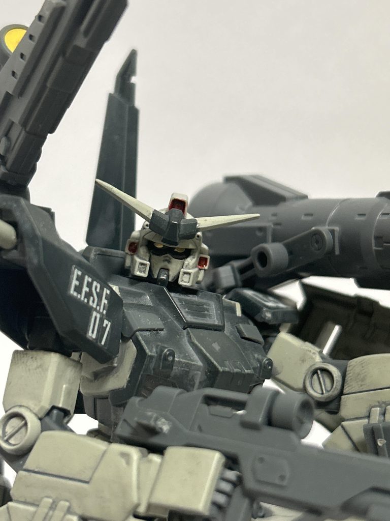 角の部分はセイバーのものに変更。メインカメラはゴールドで塗装した。(シールドと肩が干渉してビックリするほどポージングがやりにくい...)