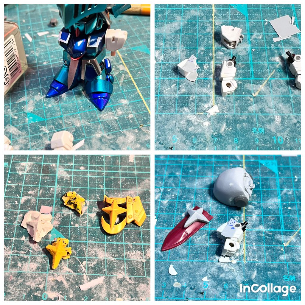 足と股間のトンガリは武者⚪︎伝のトキ丸からドナーして加工しました。肩アーマーはほぼパテの固まりで、十字⭐️の部分はレジェンドBBスペドラから型取りして複製しました。ガトリングカギ爪はコトブキヤのデティールアップパーツです。腕には尺が間延びしてオラウータン体型にならないよう気を付けがら関節を仕込みました。