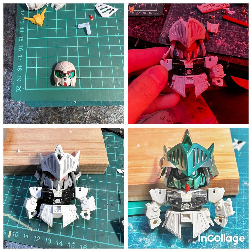 素体には子供の頃組んだ列伝のνを使いました。キットの出来は微妙でしたが、顔のカメラアイの部分が縦に大きく横井画伯のイラストに似ていたからです。体の大体の部分もこのνを使っています。兜の飾り等類はプラ板とパテの加工。額の宝玉はダイソービーズからの加工です。