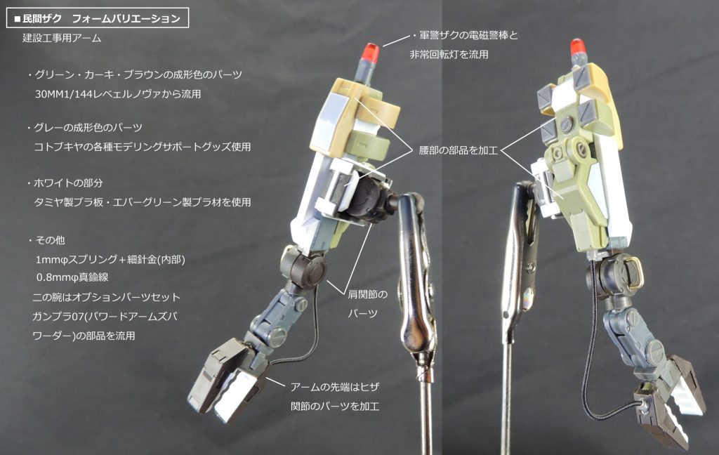 流用パーツは、主に30MM1/144レヴェルノヴァです。実は引っ越しのどさくさに紛れて、うかつにも大切なジャンクパーツ保管箱を処分してしまったため、手元にあるこのキットのみを最大限利用することにしました…(※モデラーの皆様もお気をつけくださいね!)。