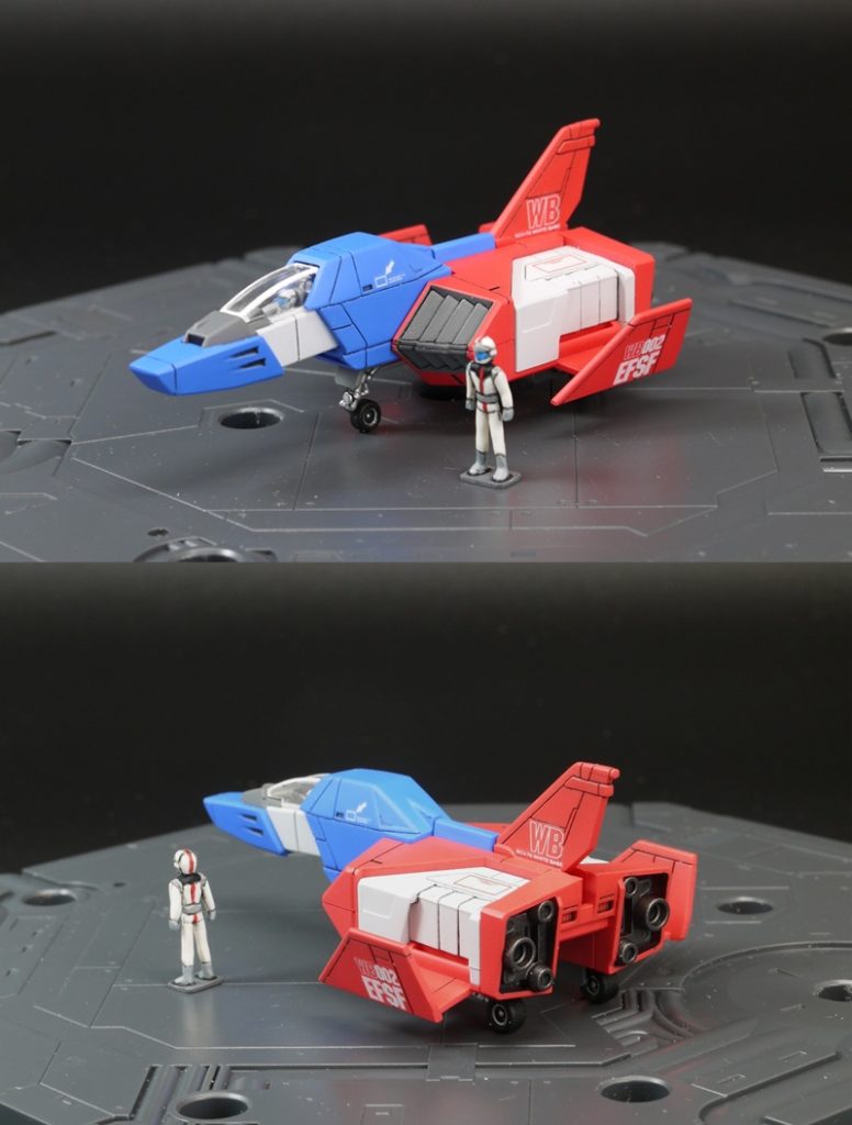 ●コアファイター・キットをストレートに組んで塗装 本体へは組み込めません。●パイロット・拳が大きいので小さく削り込み・安定して立つようにベースを制作して接着・部分塗装してツヤ消しトップコート