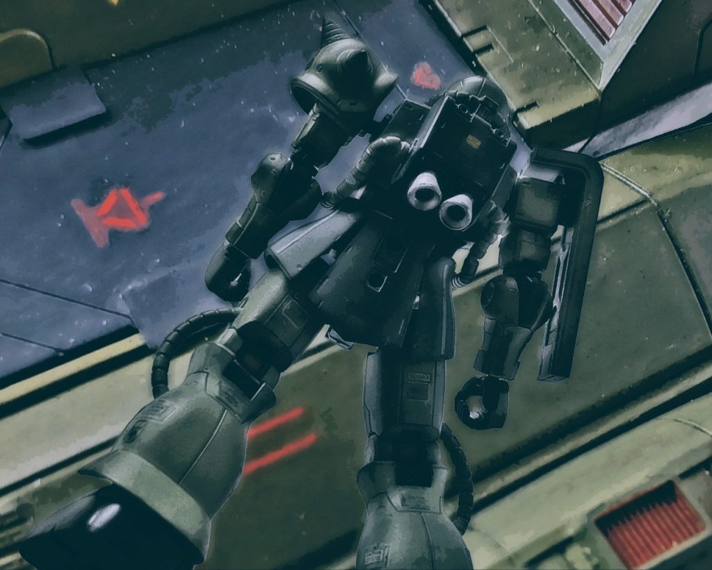 「ザクは何処からいれたらいいんだっ!?」「MSは置いてけ!!先ずは人命が優先だ、負傷者からどんどん運んでいくんだよ!!」「ザクだって貴重な戦力だろうに!?」「バカヤローっ!!命とMS、天秤にかけるまでもねぇだろうっ!!そいつ載せたら他に助けられる人間が乗せられねぇだろうが!!」甲板兵とザクのパイロットが激しく口論する。「じゃあ、コイツはどうするんだよ?」「地球に向けて大気圏で燃やしちまえ!!」「なんて無茶苦茶なっ!?」「うるせぇ!!こっちだっていつまでもここに居られねぇんだ!!早く捨てちまえ!」甲板兵は青く輝く地球を指さし怒号を浴びせる。ザクは貴重な戦力である事には間違いない。だが今は過酷な地上戦を生き延び、重力の底から這い上がってきた同胞を助ける方が優先だ。「…畜生、あばよ相棒…」ザクのパイロットはコクピットを開くとAUTO操作にし艦からゆっくりとザクを遠ざける。ザクは自爆させるにも爆薬はなく、仮にあったとしても艦の前ではそんな真似は出来ない。そして、そのまま放置し連邦軍に使われる位なら自らの手で大気圏に落とすのが最も合理的であった。