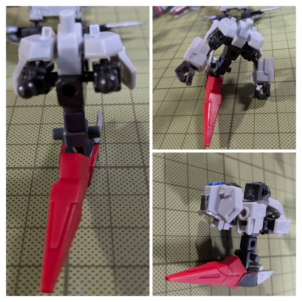 下半身はリアアーマーのみ残し、フロントアーマー部分にシールドをジョイントパーツを介し取り付けます。脚部分に腕を取り付け、台座を取り付ける穴にフロントアーマーをジョイントで付けてます。