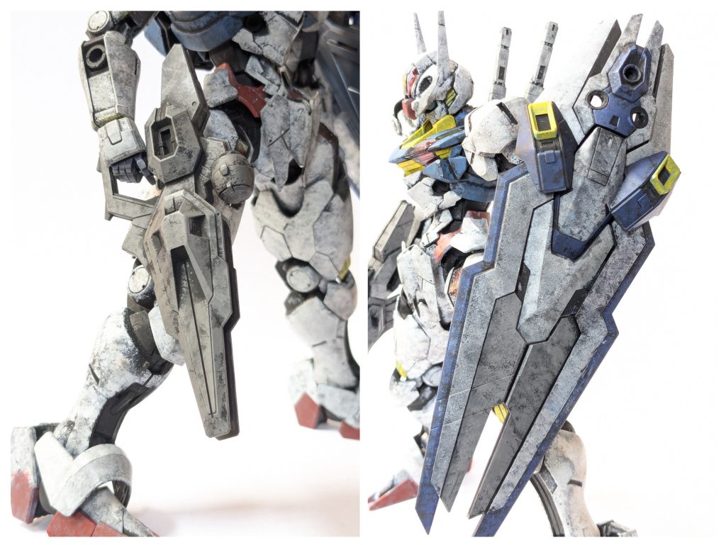 武器であるガンビットは機体の白よりワントーン低くしました。ライフルはHGのグレーが好きだったのでダークシーグレーで塗装。