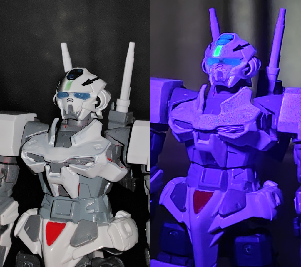 ガンダムヘッドもツインアンテナ無しに蛍光グリーンのセンサーに蓄光おゆプラ青のツインアイ。頭頂部センサーは蛍光ブルーにブラックライト発光に。