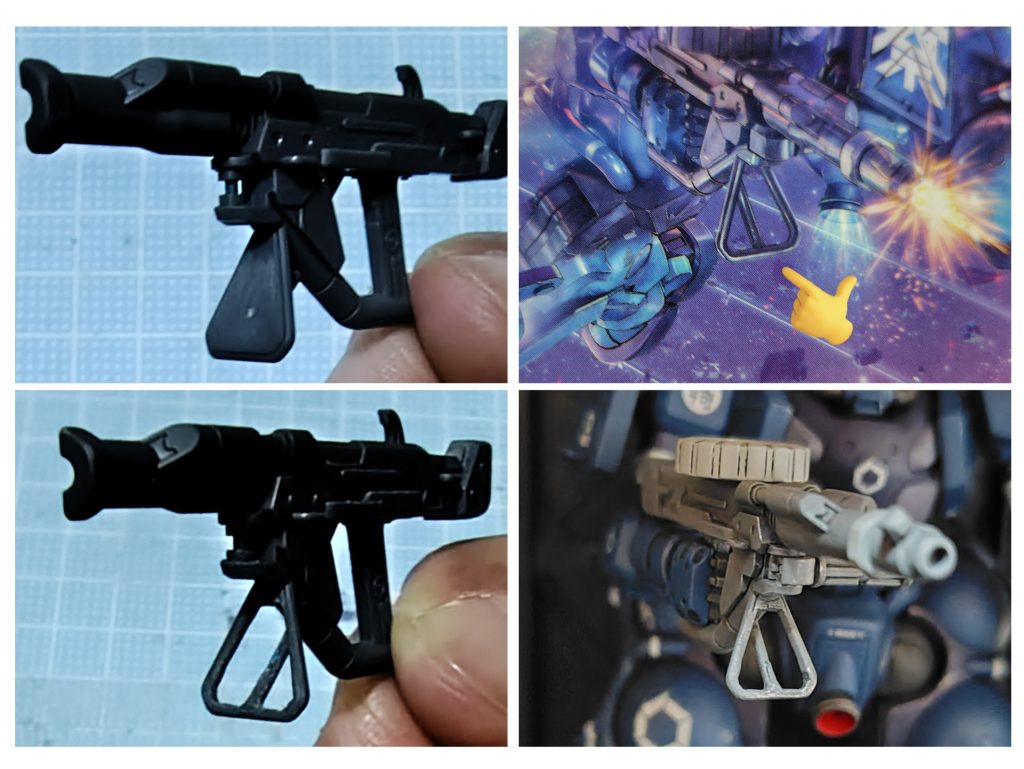 箱絵に合わせマシンガンの脚部分はくり抜き加工しました。ピンバイスで穴開けデザインカッターでチマチマ削りました。