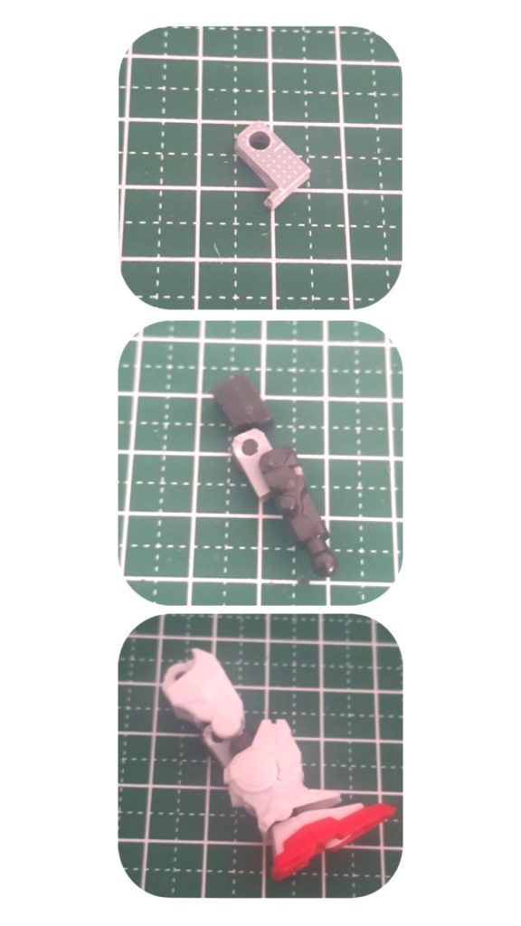 膝関節は写真のような感じで自作しています。作り方は以下:厚さ1mmのプラ板を1cm × 7mm切り出して写真のようにカット→同じものを3枚重ねて接着、その後直径2.5mmの穴を開ける→穴にカプセルアクションの太ももフレームを差し込み（穴の径が足りないので丸ヤスリで少しずつ削って調整する）→突起にモビリティジョイントの膝下フレームを差し込む（突起の上下の幅が1.5mmくらいだと接着しないでもかっちり嵌る、ぐらつく場合は要接着）