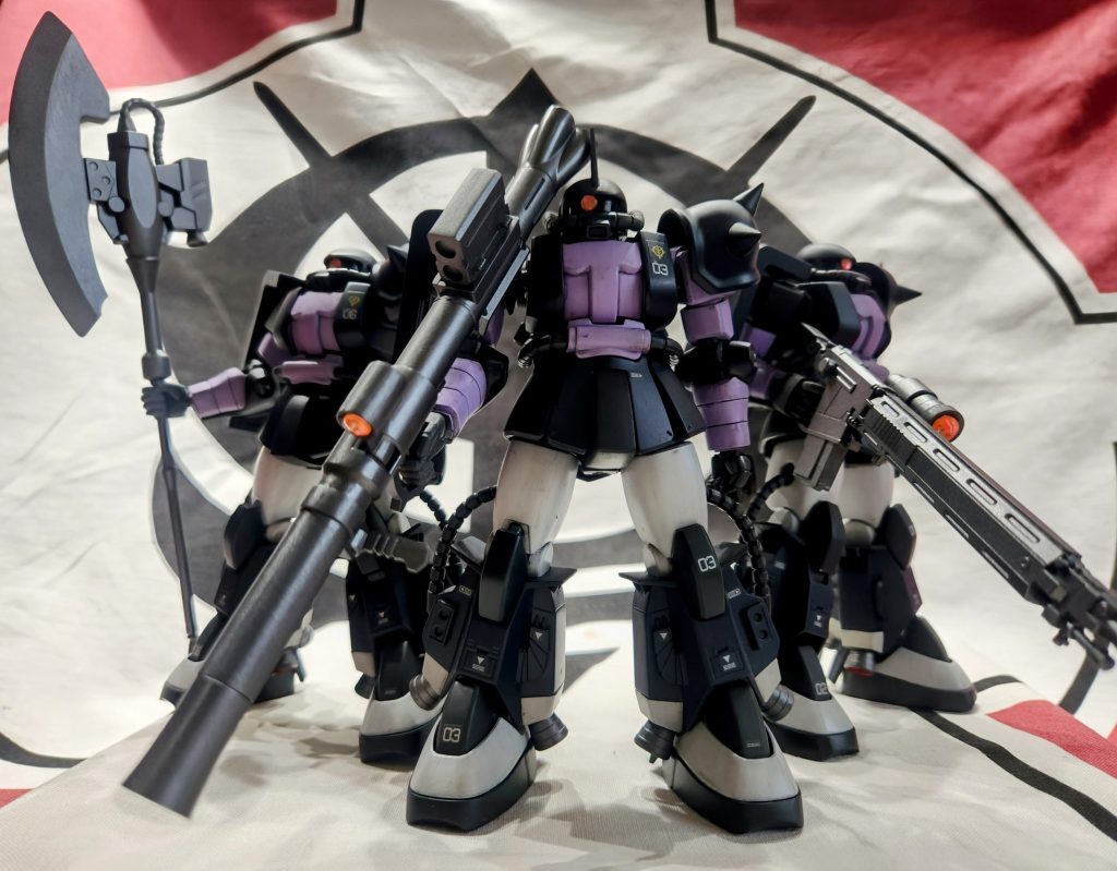 劇中の三連星三人のセリフも格好良かったり面白かったりと、良いキャラクターが表現されていて、改めて良い作品だと思いました。武器類も少し手を掛けて作って良かったです。