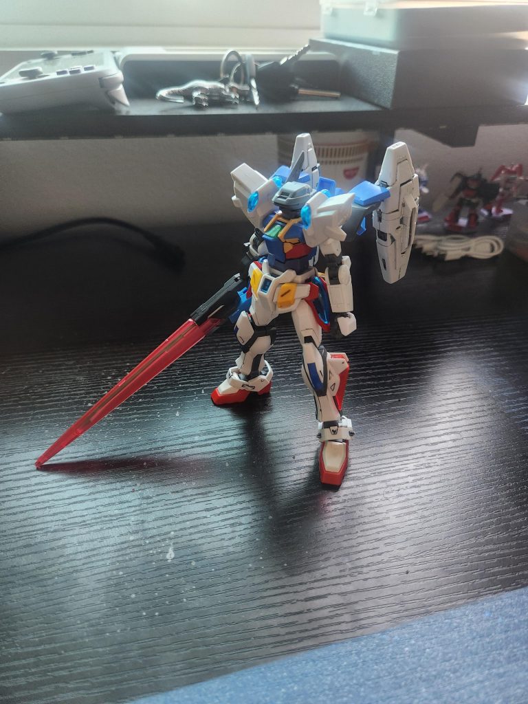 Parts of use: 30 MM head Option Set/ HG 00 Sky body and backpack/ HG G-Self Perfect Pack shoulders and waist/ RG Tallgeese verniers/ HG Gundam Heavyarms feet/ HG Star Build Strike Galaxy Cosmos Legs/ HG Kamiki Burning Gundam Skirt/ HG Victory Gundam Arms/ 00 Gundam GN Sword III.  I decide to this because of a few people who also customize their own Temjin and wanted to remind everyone about this amazing series.