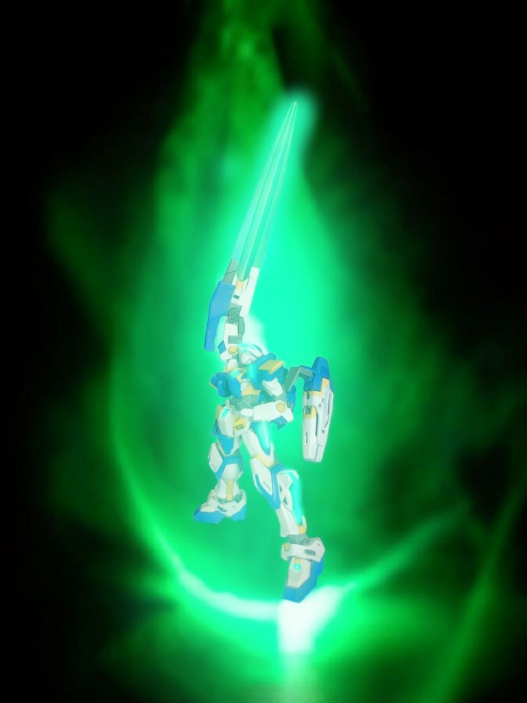 His V.R. power glows ever so stronger, making the weapon longer to strike his foes down.
