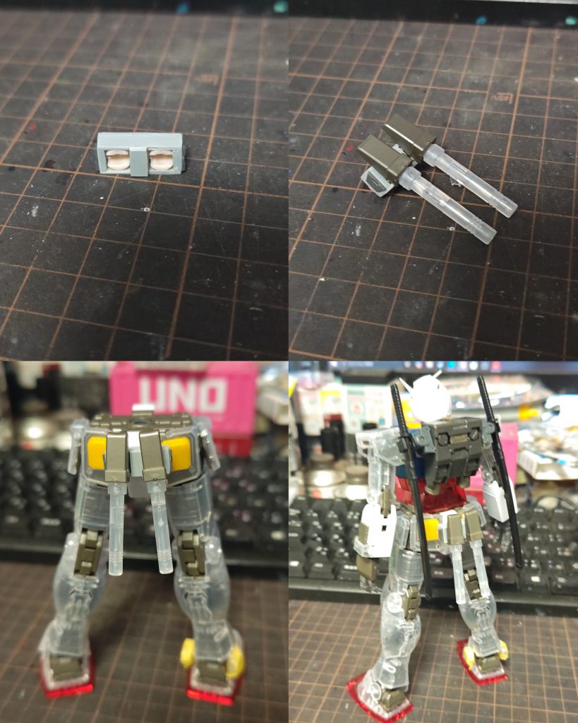 ボールジョイント受けをプラ版で囲っただけの、ビームサーベルホルダー。キットは一番くじラストワン賞のオリジンガンダムです。クリアーな装甲を生かしたくて、その様に仕上げています。