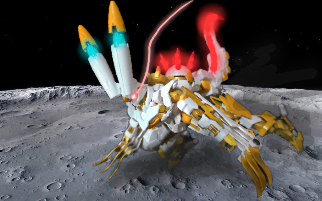 実際にはアンテナは光って、カメラアイの光も尾を引く感じであって欲しいです。