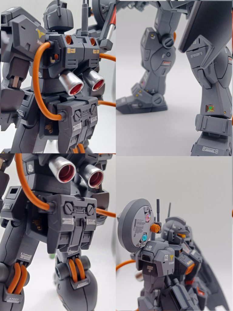 首、太股、胴体の延長各アーマーの、裏打ち膝関節に、動力パイプ追加肩部ダクト大型化各所にスジ彫り、ディテール追加