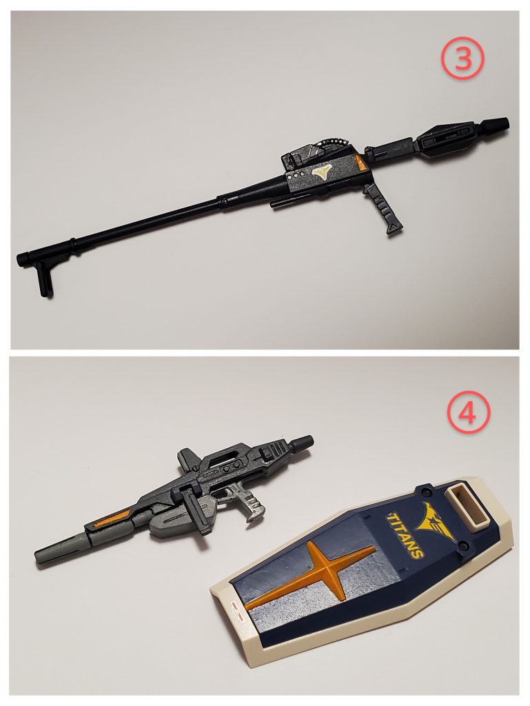 ③試作型フェダーインライフル最近やっと入手しましたユニコーン版マラサイに付属しているライフルを流用です😊🎶デフォルトそのままでは装備しずらかったので一部をカット✂️そして形状も少々変えてみました🔫④標準装備のビームライフルとシールドノーマル仕様時のスタンダードな装備として用意しました😊✨ストーリーの中ではワンシーンしか登場しませんでしたが、妄想イメージの最初の姿はこちらの装備でした✴️