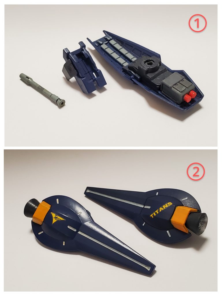 ①腕部装着のビームガンユニットこちらはビルドガンダムMk-II のパーツで、そこにマラサイのビームサーベルをはめ込んでます🎵付けてみたらジャストフィットしたのでビームガン兼サーベルユニットに仕立てました👍️サーベルは脱着可能なので手持ちも可能です🤭②シールドご覧の通りMk-IIのシールドですが、グレネードを付けたかったので、エネルギーパックを除去して装備させました🙌グレネードの先端の部分はプラ板丸棒で作りました🔧✨