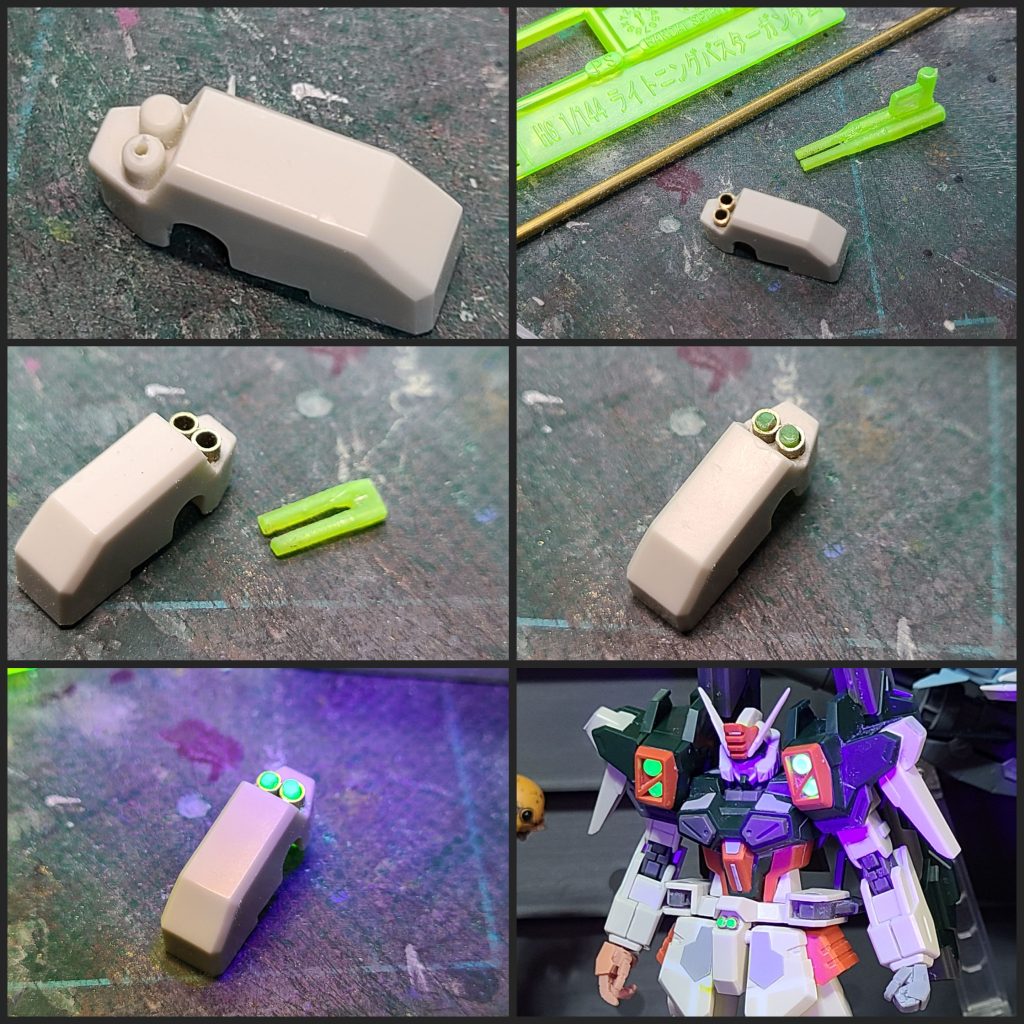フンドシ部のセンサーは、残念ながら一体成形で表現されていて、付属のホイルシールで賄う仕様。一方肩のセンサーは、クリアー成形で、蛍光成分入りなのか、そのままでUVライトに良く反応してくれます。同じように光らせたいので、クリアーパーツのランナーからフンドシ部のセンサーを自作しました。