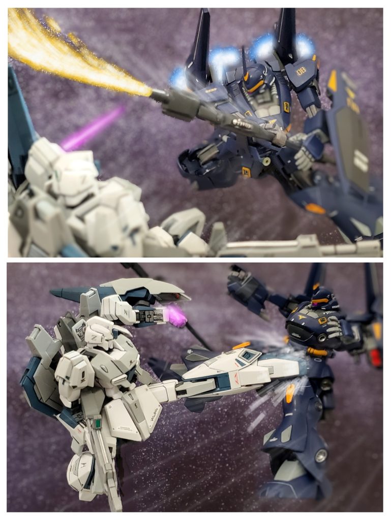 コンビネーションパターンを変えゼロの援護射撃のもと、近接戦闘に移行するレイラ少尉のアクト・ケンプファー⚔️フェダーインライフルを逆さにし、グリップ側に装備されたロングビームサーベルでガンダムタイプを追い込む✊ガンダムタイプのパイロット😎は数度の切り込みでアクト・ケンプファーの太刀筋を見切り容易に回避し始める😱💦😎『さすがは強化人間…だが…甘いな‼️』ガンダムタイプのパイロットはそう呟くとアクト・ケンプファーのビームサーベルを避けながら前に踏み込み、すかさず蹴りを叩き込む～👣💨強烈な蹴りで近接の間合いから弾き出され、その反動でリニアシートに叩きつけられるレイラ少尉👧💦