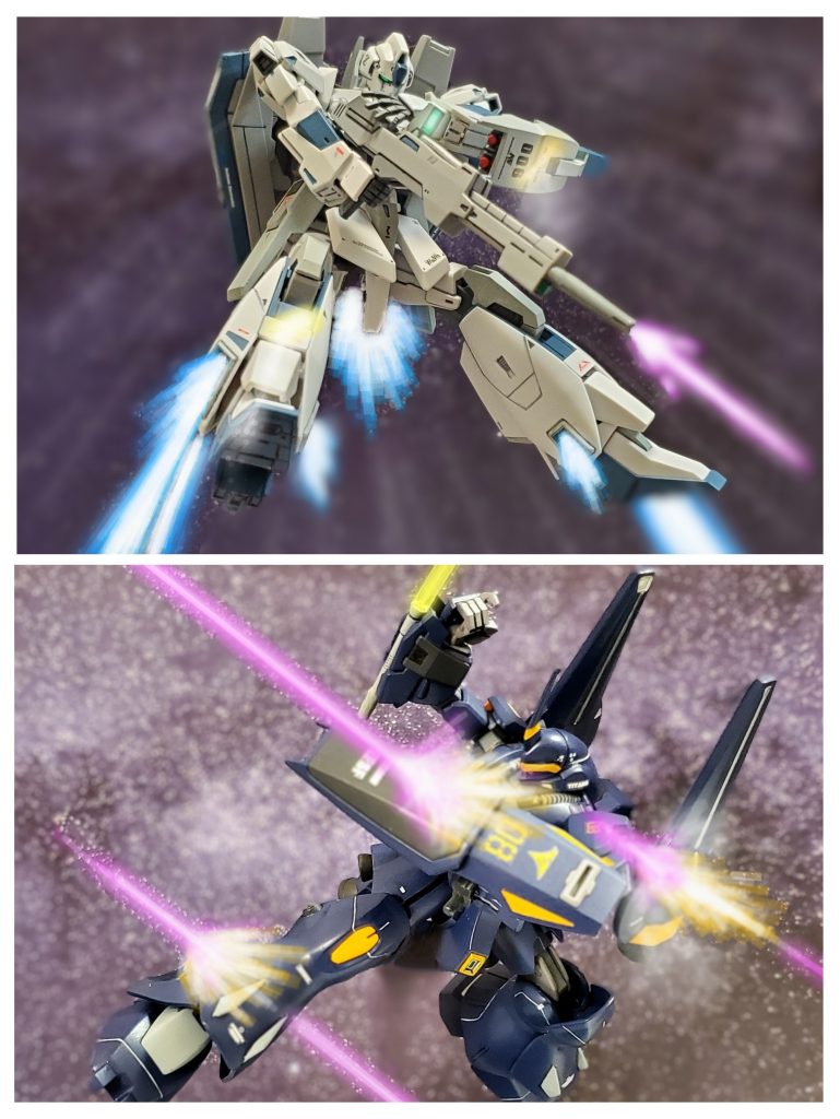 ガンダムタイプは思念の力から解放されたのか、バーニア全開でアクト・ケンプファーから急速に離れる💨そして、距離をおきながらビームライフルを連射し相手の機動力となるバーニアスラスターを的確に狙い打ちする👍️✨