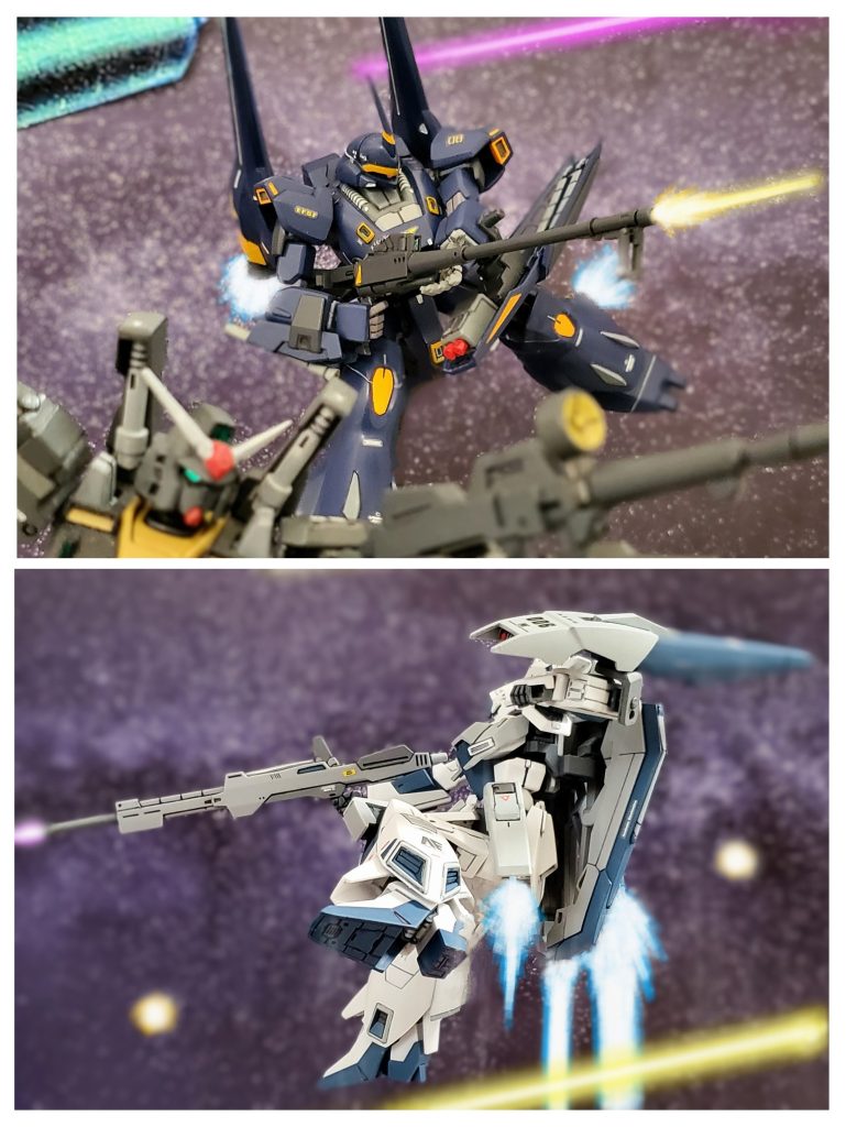 サイド1宙域で2 vs 1の激しい戦闘が始まった🤩🎵ゼロとレイラは息の合ったコンビネーションで波状攻撃をかける👊✨しかし、それを巧みに掻い潜り反撃してくるエゥーゴのガンダムタイプ👀❗周囲の残存兵たちは、次元の違う戦闘にその行く末を見守るしかなかった…😔✨