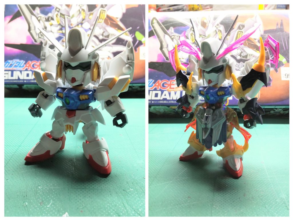 比較②素組みと改修後。写真の撮り方が悪くて分かりづらい……😓下腹部〜太腿はヒーローズの共通フレームを使って延長。一応膝も曲がります。二の腕と前腕はウォーロックイージスの腕パーツを切り貼りして延長。今回はスタイル改修をメインに行ったので、ミキシングはいつもと比べたら軽めです。ゴテゴテしてもわかりにくいですからね〜😁何年も模型コーナーの守護神をしていたこいつを迎え入れて、思いつきでやった改造でしたが、自分的には中々うまくまとまったんではないかと思っています😆最後までご覧いただきありがとうございました‼️〈 今回の使用マーカー〉レッド、パープル、ブラック、グレー、ロイヤルメタレッド、メタバイオレット、ルミナスメタグリーン、イエローゴールド