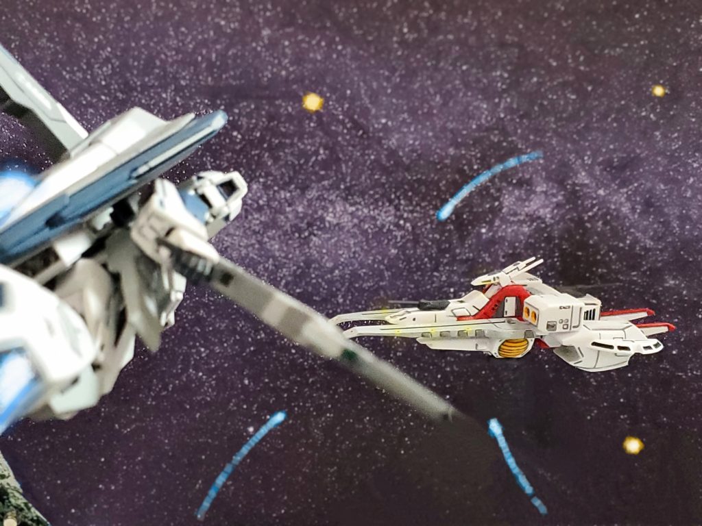 ティターンズの憲兵部隊との戦闘宙域から離脱したクワトロ大尉のZガンダム0号機🎵各機にアーガマへの帰投を指示し自らもアーガマへと急ぐ🏃💨