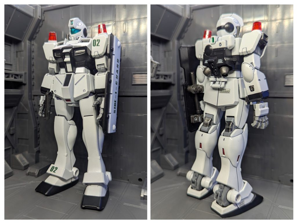 機体の前後ショットです。グリプス戦役の終結後、連邦政府の弱体化と各コロニーサイドの自治意識の向上に伴い、払い下げのジムコマンドを警備仕様に改修して運用した…という妄想設定にて製作。