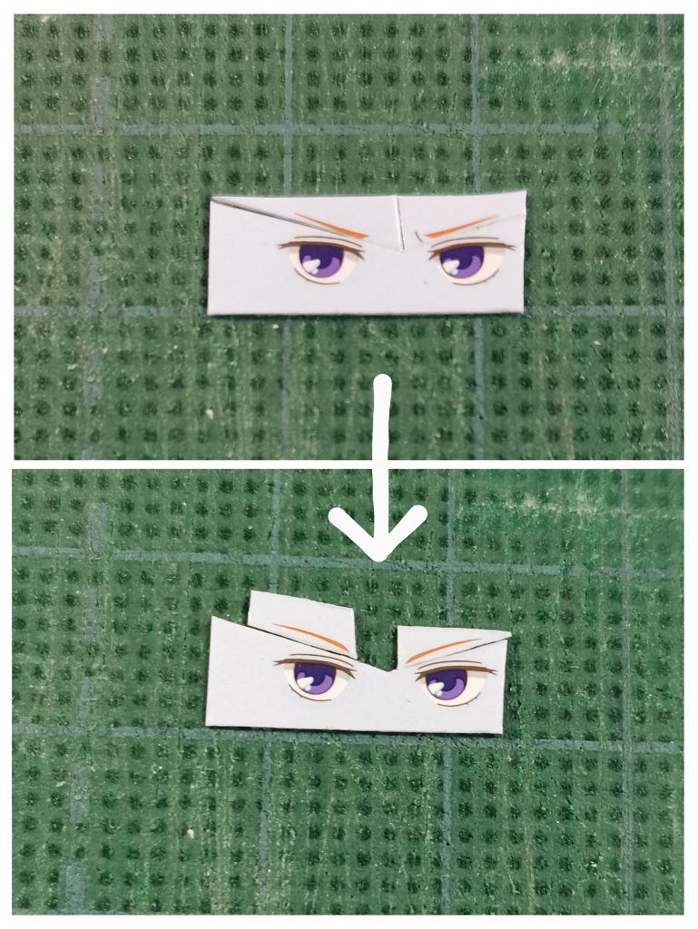 急きょ、破損した表情の代替を準備することに。アイデカールを加工して表情を柔らかくしたり、別キャラ( ミオリネさん)のジト目を貰ってきたり。