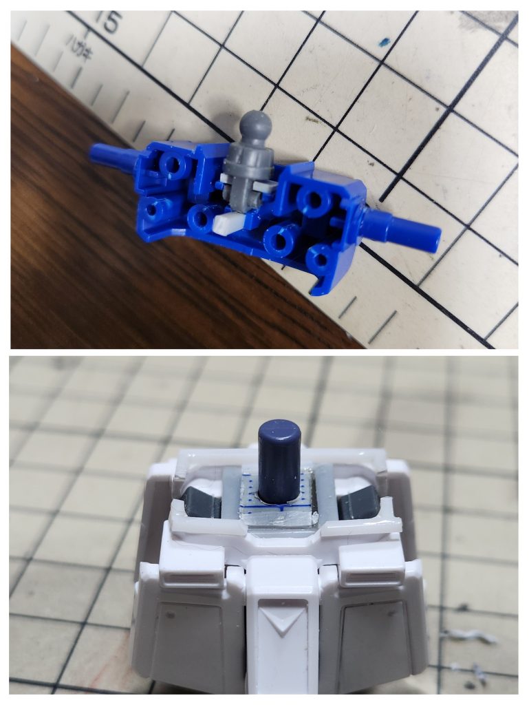 首元は画像のように上にずらして固定。腰部は中央に２ミリのプラ板を入れて、周囲の装甲を１ミリのプラ棒で延長しました。