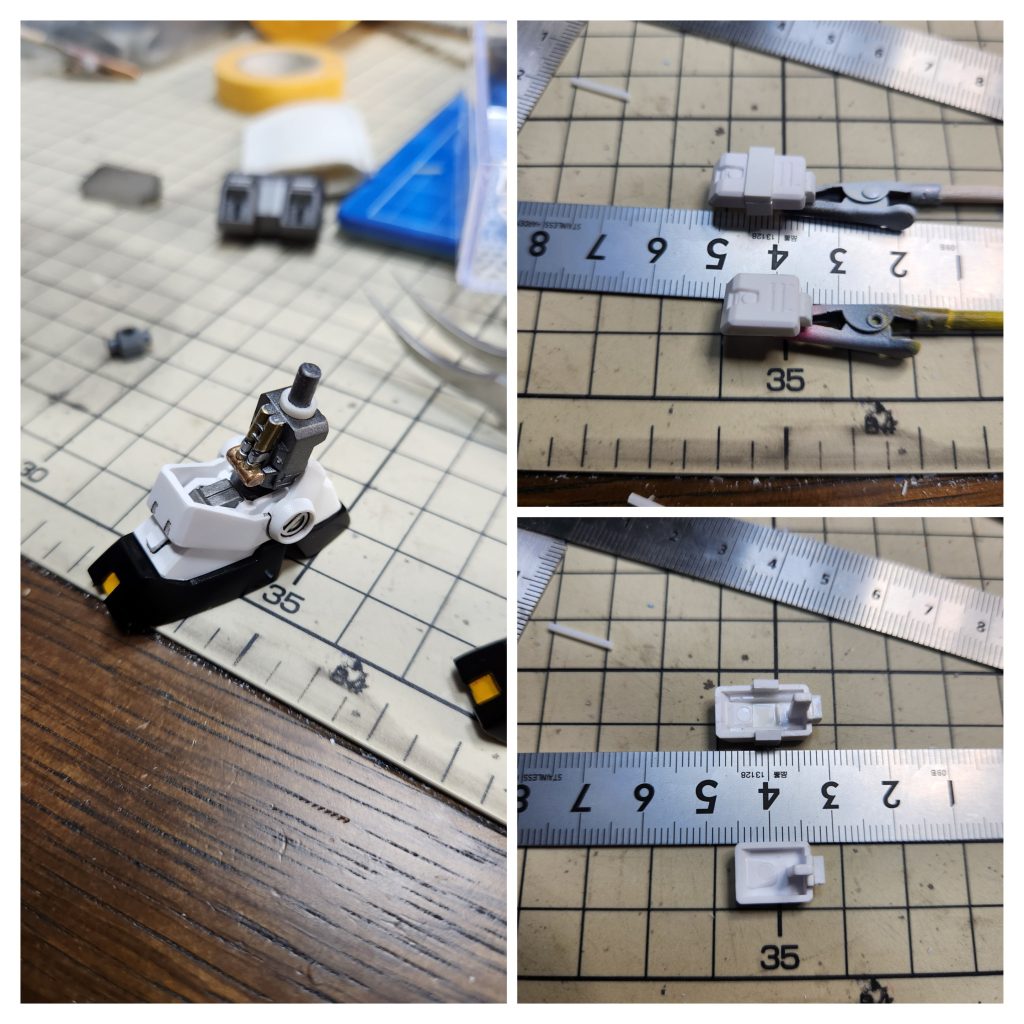 足首は５ミリのプラパイプを１ミリにカットし、軸に入れただけです。サイドスカートも短いのが気になったので真ん中辺りで切断し、４ミリのプラ材で延長しました。