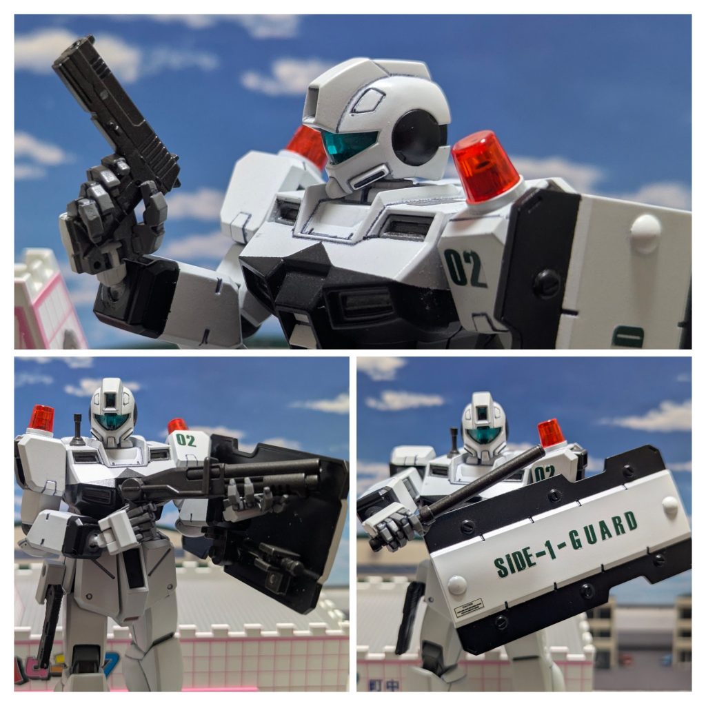 各武装のショットです。メインウェポンのハンドガンに電撃警棒とシールド、オプションウェポンのショットガンと、何処かで聞いたような構成です。