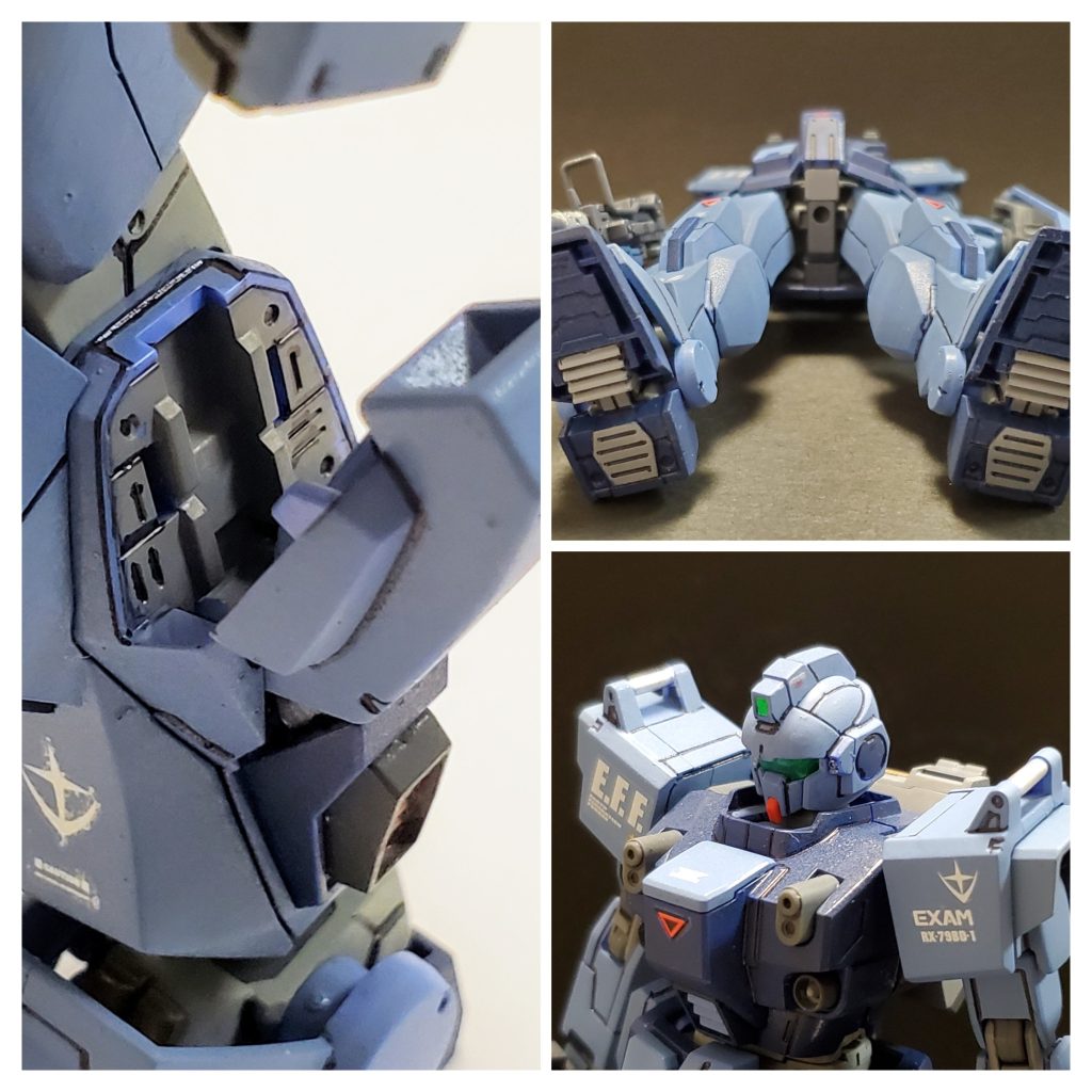 いつも通りですが見えない部分も当然塗装～🖌️🎶脚部側面のサーベルラック内部もグレーに塗装❗そして足裏もなんとなくですがグレーで塗り分け👍️そして見えませんが襟首内側も淡いブルーで塗装しております😌🎵