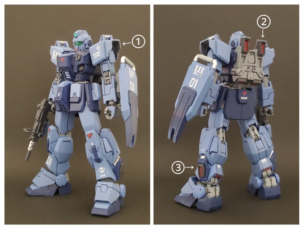 こちらはEXAM発動時の状態です😊✨旧バージョンではこのようなギミックは無かったので作り始めてビックリしました～🤣💦私は戦慄のブルーをセガサターンでしかプレイしてないので存じておりませんでしたが、サイドストーリーで再構築された際に設定された機能かと思います🤭🎵EXAM発動時には①～③が変化します❗①肩パット？をスライドにより引き出し↔️②パーツ交換でバーニア上部スラスター開放💡③脚部側面のスラスターを下方向へ移動⬇️