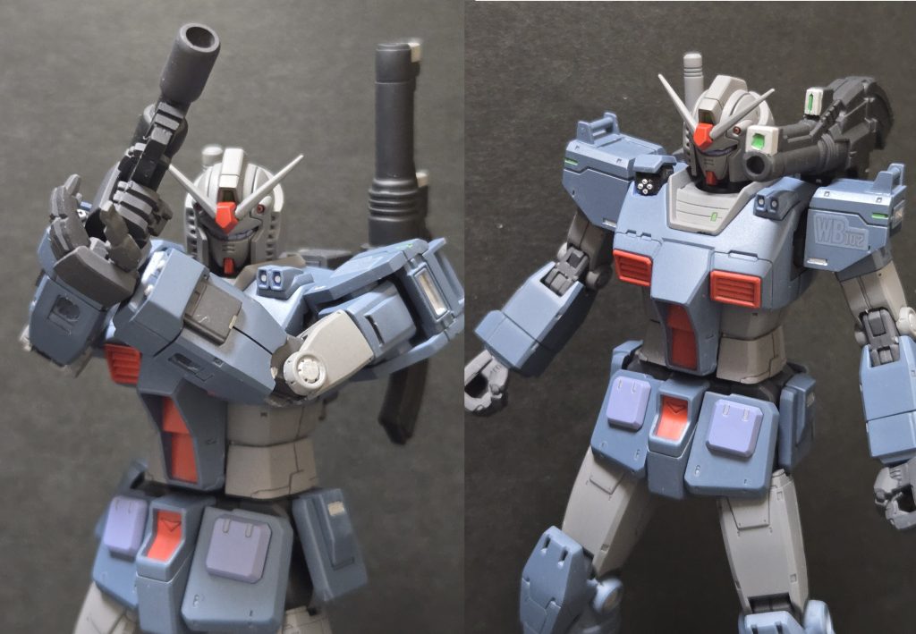 制作自体は、モールドの掘り直し、追加武器作成、スプレーガンはジムの物を複製(先端はプラパイプですが)及びガン内とマウント用に右サイドアーマーにネオジム磁石を仕込みました。塗装は基本エアブラシで各所に部分塗装、スミ入れはダークグレー入れてます。それと初めてつや消しトップコートをしてみました。が、改めて見るとまだまだ細かい所で荒く力不足痛快です。ですが、作るのは大変ですがやっぱり楽しいですねガンプラって。