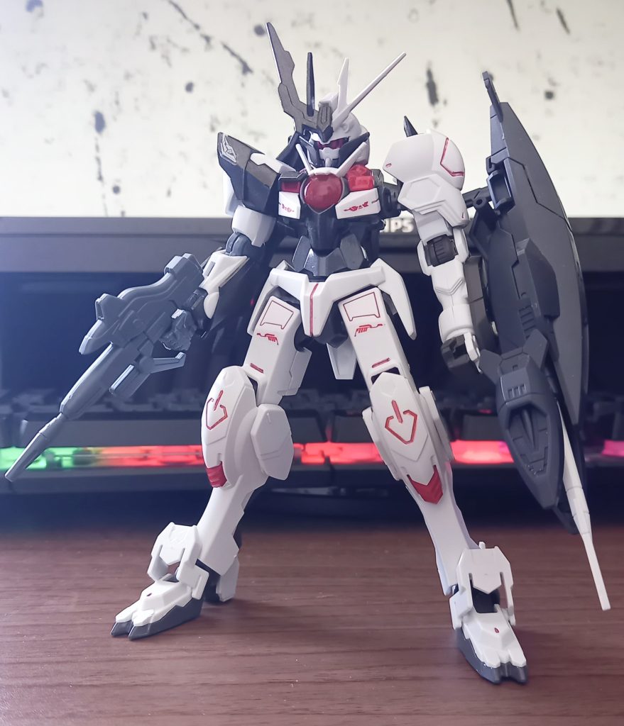 左肩のパーツを紛失してしまったクアンタの胴体を何とかしたく、「折角ならパーツが欠けている事を活かして左右非対称機体のミキシングに挑戦してみよう！」と思い立って制作しました！異形感を強調したかったので、頭部にはフェイクニューユニットの物を使用しています！