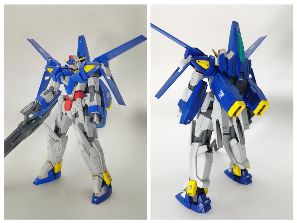 前後斜め方向からウイングガンダム以来のスジボリを施しましたが、ウイングガンダムと違い見本がないため本能のままに彫りすすめたのであまりまとまりが…機体色の青は、AGE世界におけるZZのオマージュとしてMSブルーZ系を使用し成型色より濃い目にしました。水転写デカールはガンダムデカールと市販の汎用コーションデカールの併用です。