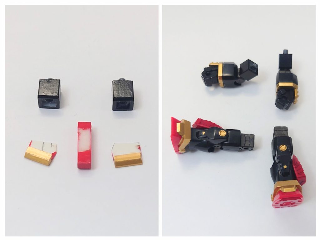 脚の延長に合わせて、フンドシとフロントアーマーを延長するためのパーツを製作。延長ブロックを組み込んだ手脚は右写真の通り。お金がある方はもう一つ同シリーズの商品を買った方が早いかも（笑）。