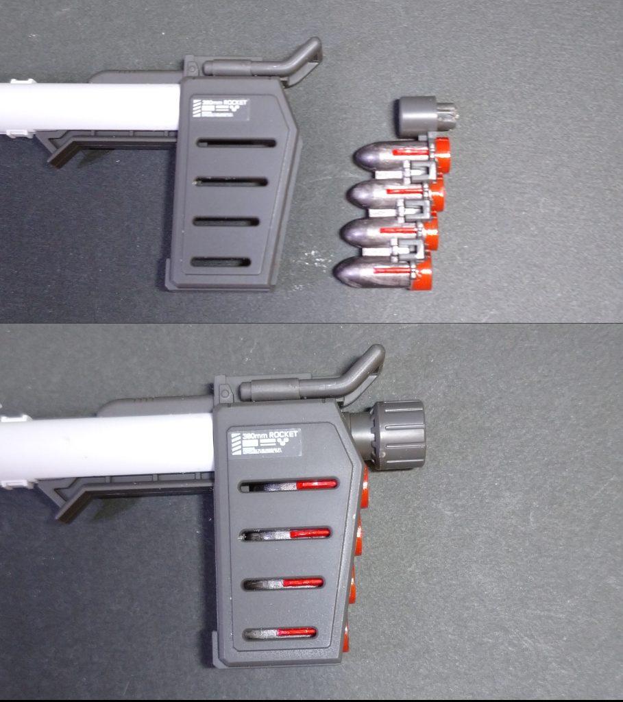 バズーカの弾は、成型色ままだと真っ白なため、どうにも違和感があり塗装しました。弾倉にはめると差し色的でいい感じになりました。