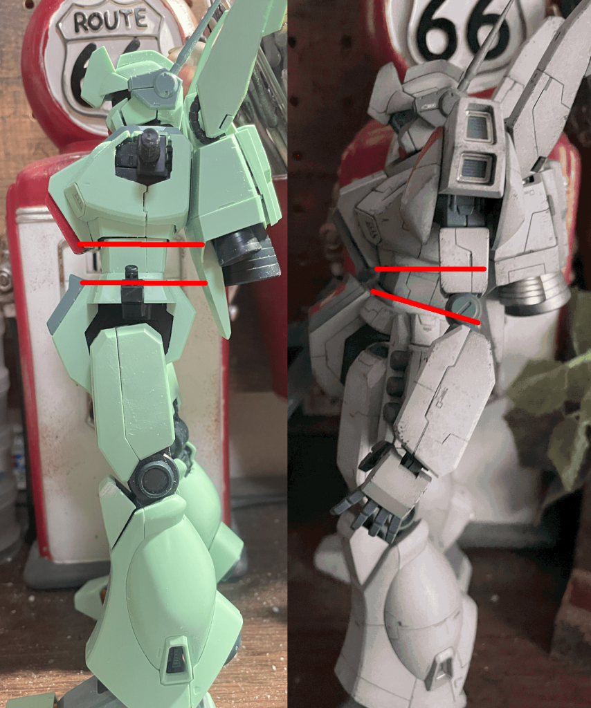 【改造工作】力強い立ち姿になるように調整しています。股間部分を手前に突き出して、いわゆるＳ字立ちが決まるように腰ブロックを周囲1ｍｍ程度削り込み、1～2ｍｍ延長しました。スタイルが良く見えるようになり(気のせいかも)更にモモと腰の間のすき間も狭くなって、ジェガンの股間廻りスカスカ問題も軽減しました。Ｓ字立ちってよりもジョジョ立ちっぽい！