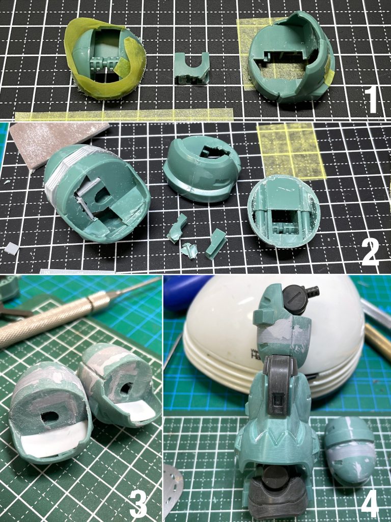 太腿部の改造1)軸ずらしの他に物理的に伸ばさなきゃならないなとも思い太ももを上下でカット。股間接続パーツとの受け軸はキットのものを利用します。2mmかもうちょっとくらい軸受位置は外側へずれています2)5mm延長して接着。もう2~3mmいけるんじゃないかって気もします。3)だいたいの成型が済んだところ。曲線部の延長なので適当に削りすぎると左右で違ってたりするので、様子を見ながら削り出します。成型が大変で今回の制作の最大の難所でした4)延長後の様子。塗装前だとガッツリ伸ばした印象ですが、塗装後はまだ短いかもと思わせる違和感のなさに。 このキットに限らずプラ材やパテの形状変更やディテールアップは、工作中不安に思うかもしれませんが周りと同じ色に塗ってしまえば違和感は激減し馴染みます。もし躊躇している方がいれば目立たない箇所とかで小さなプラ材加工からやってみるといいかもしれません。