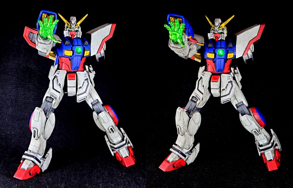 必殺シャイニングフィンガーシャイニングガンダムの代名詞。メイン画像はこの状態をブラックライトで光らせています。実際に片腕になった5話でのアルゴとの戦いでも使いましたが凄い破壊力でまさに必殺技。思えば私は初ガンダムの一話でシャイニングフィンガーを見せられて心を鷲掴みにされました。