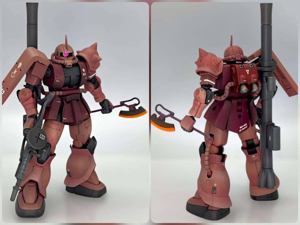 今回作成したシャアザクはオリジン版を使用しました。オリジン版キットは可動域やデザインアレンジが優秀で、HGは全部このフォーマットにしてほしいくらい好きなので、ほぼそのままです。少しテレビアニメに寄せたかったので、目立ちすぎるディテールを落とし、モノアイは大きくしています。デカールは少なめで、落とした情報量をグラデ塗装で陰影をつけてカバーしました😃